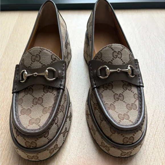 Gucci Brown & Beige GG Canvas Platform Loafers - Picture 2 of 6